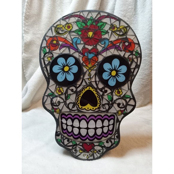 12" Sugar Skull Day Of The Dead Altars Colorful Art Glass Mosaic Stand Up Gothic - Picture 1 of 6
